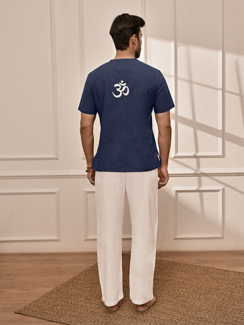 Men's Navy Blue Om Embroidered Yoga Kurta With White Palazzo Set