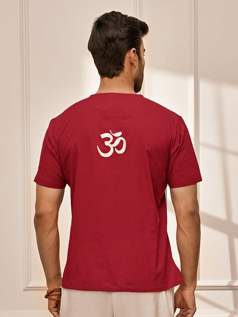 Men Red Cambric Cotton Yoga Kurta With Om Embroidery