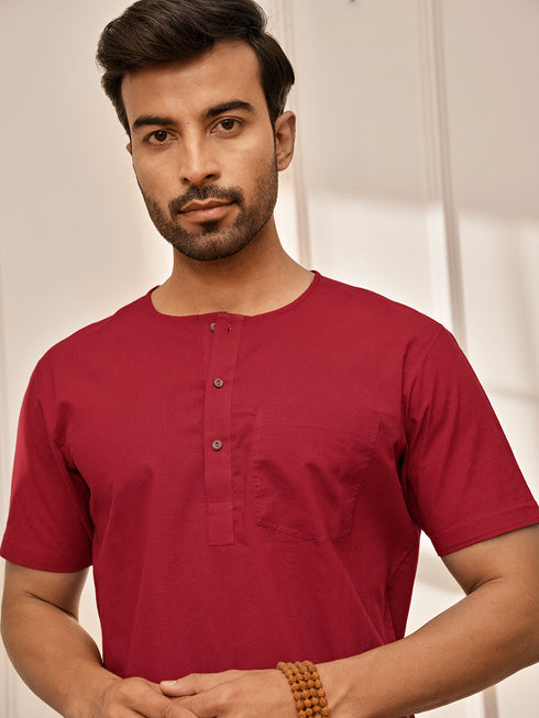 Men's Red Om Embroidered Yoga Kurta With White Palazzo Set