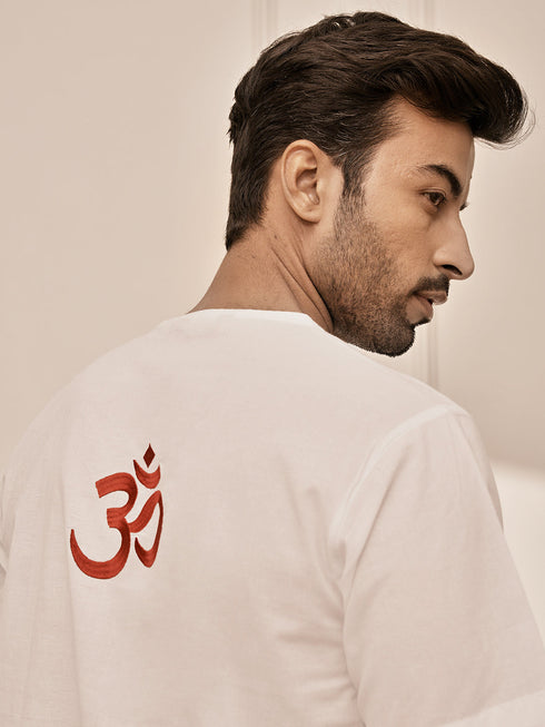 Men's White Om Embroidered Premium Yoga Kurta Palazzo Set