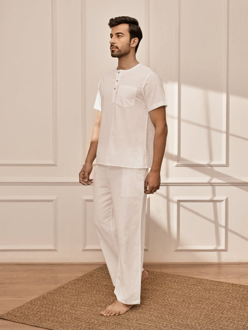 Men's White Om Embroidered Premium Yoga Kurta Palazzo Set