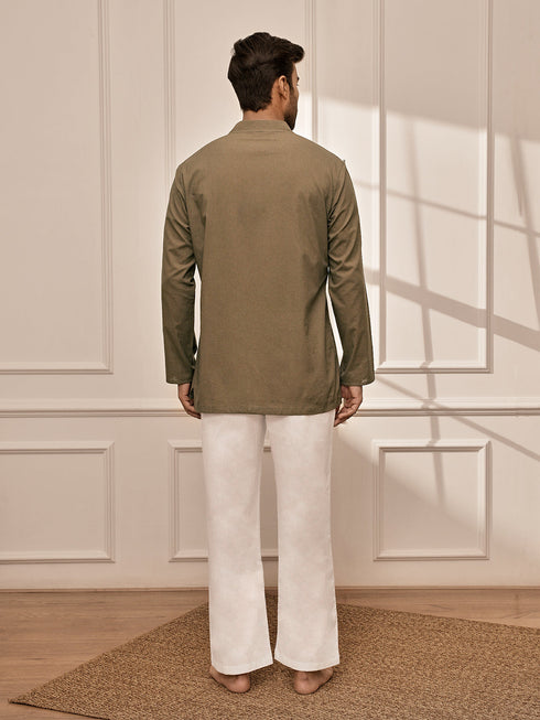 Men's Mehendi Green Premium Cotton Kurta With White Palazzo Set