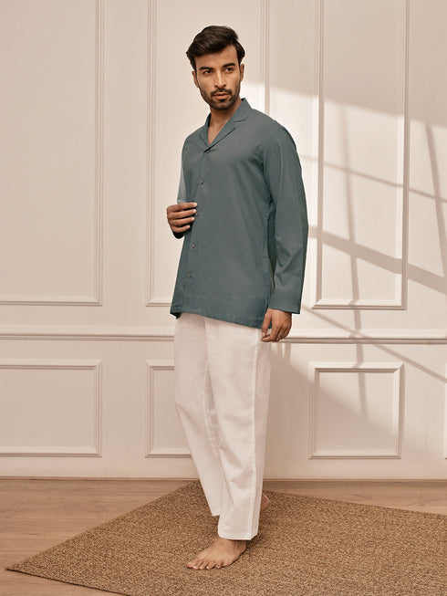 Men's Sage Green Premium Cotton Kurta With White Palazzo Set