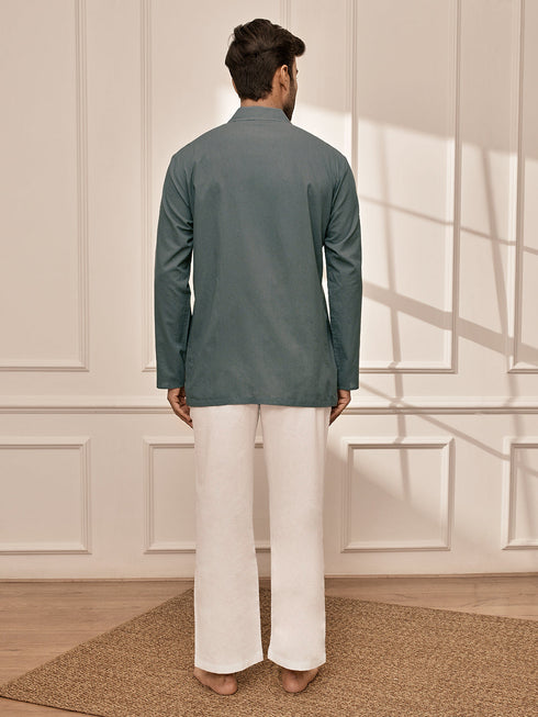 Men's Sage Green Premium Cotton Kurta With White Palazzo Set