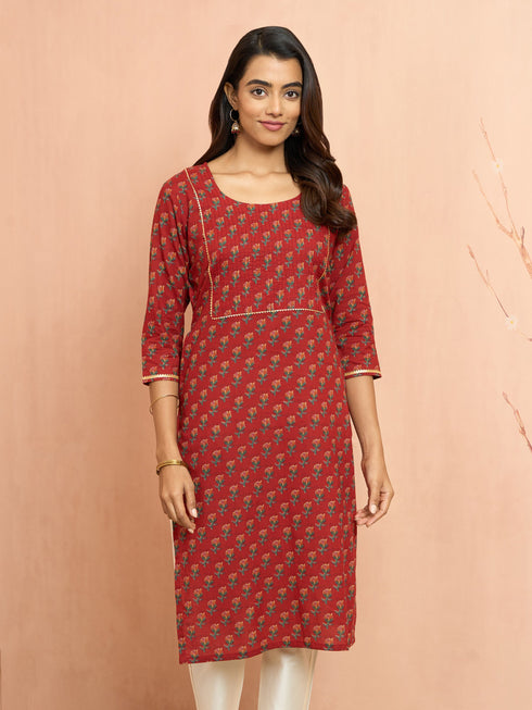 Women's Rust Floral Pleated Kurta