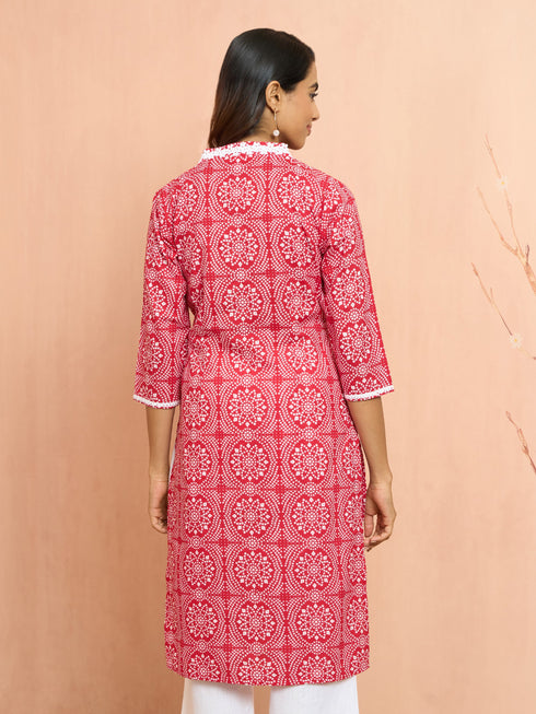Women's Red Bandhani Print Cambric Kurta
