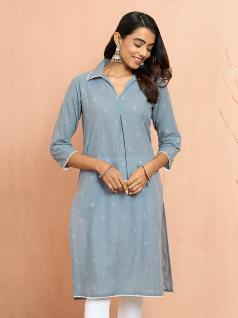 Women's Grey Cotton Dobby Kurta