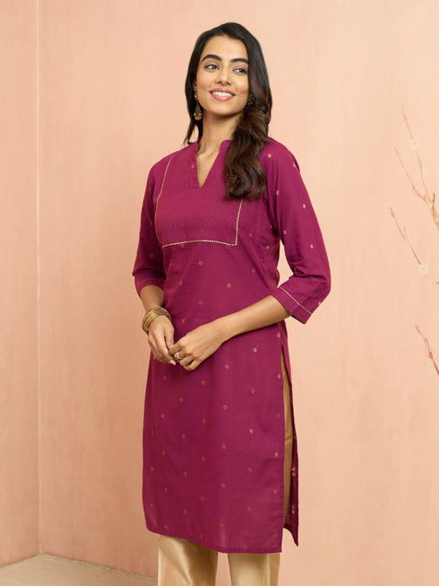 Women's Wine Cotton Lurex Dobby Kurta