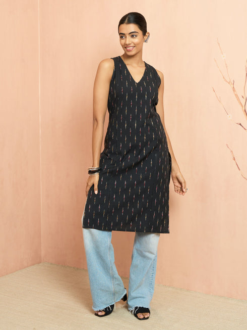 Women's Black Cotton Ikkat Sleeveless Kurta