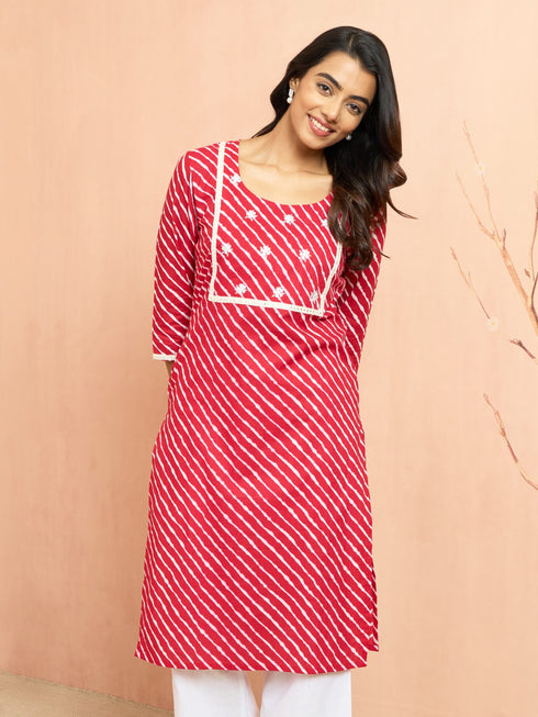 Women's Red Lehariya Print Embroidered Kurta