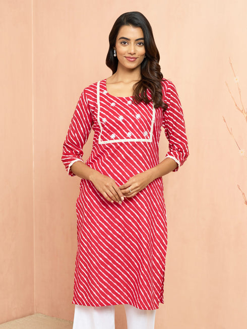 Women's Red Lehariya Print Embroidered Kurta