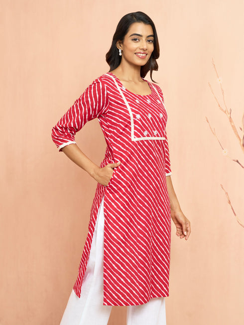 Women's Red Lehariya Print Embroidered Kurta