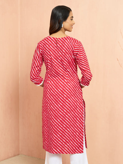 Women's Red Lehariya Print Embroidered Kurta