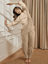 Women Beige Linen Cotton Round Neck Embroidered Yoga Top