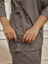 Women Grey Linen Cotton Round Neck Embroidered Yoga Top