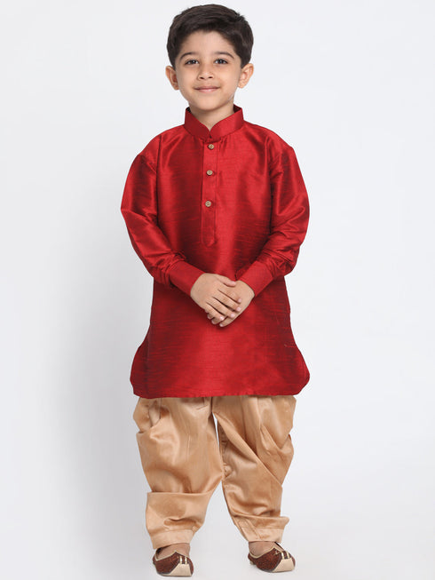 Boy's' Maroon And Rose Gold Silk Blend Kurta And Patiala Pant Set