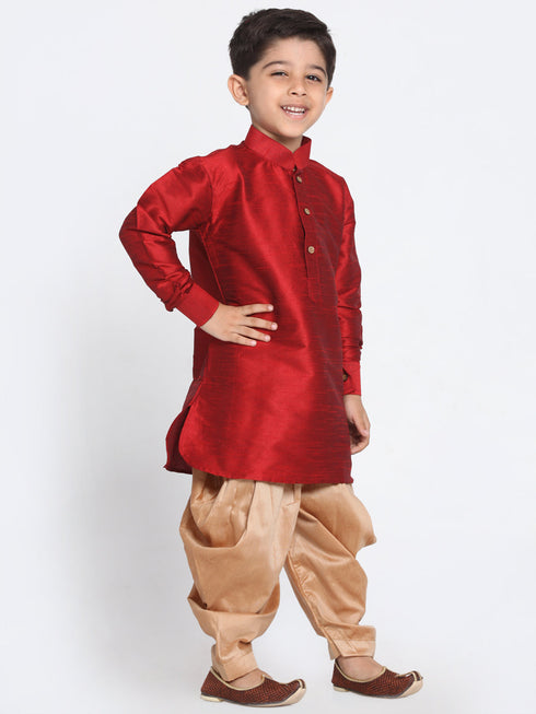 Boy's' Maroon And Rose Gold Silk Blend Kurta And Patiala Pant Set