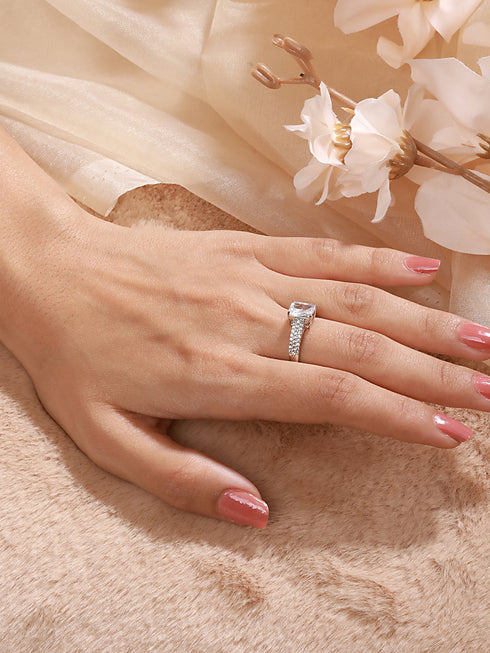 Silver Plated AD Studded Solitaire Delicate Engagement Finger Band Ring
