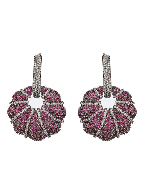Silver Toned Red AD Studded Designer Luxe Floral Chandelier Hoop Earrings