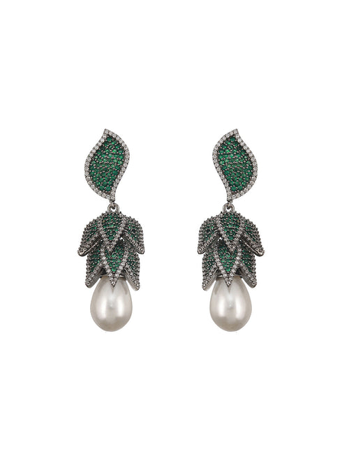Silver Toned Green AD & Pearl Beaded Luxe Designer Drop Earring