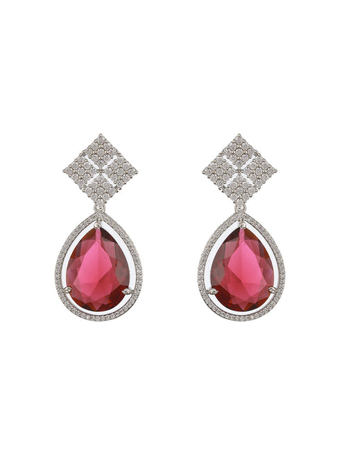 Silver Plated Red AD Studded Geometric Drop Designer Earrings