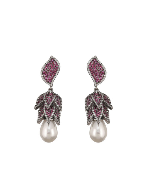 Silver Plated Red Cubic Zircon & Pearl Beaded Luxe Floral Dangler Earring