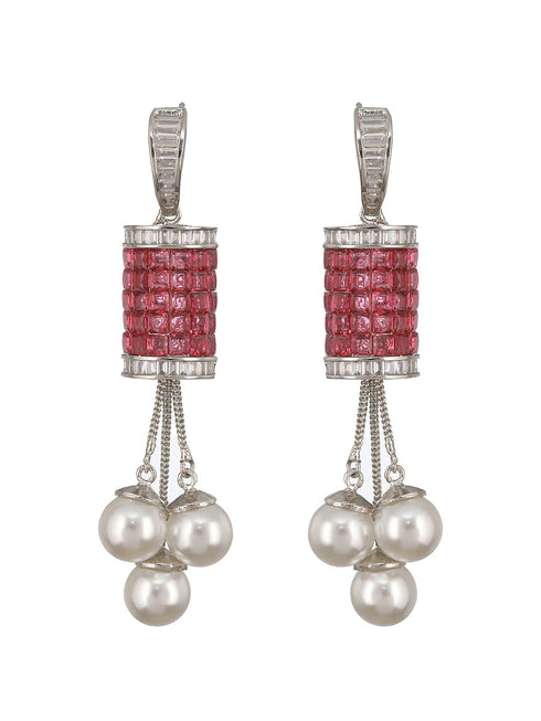 Silver Plated Red Cubic Zirconia & Pearl Beaded Designer Contemporary Dangler Earrings