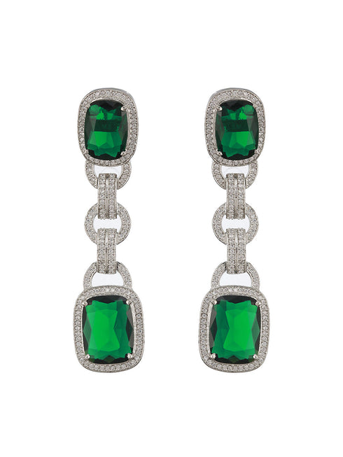 Rhodium Green Zircon Long Dangler Luxe Designer Earrings