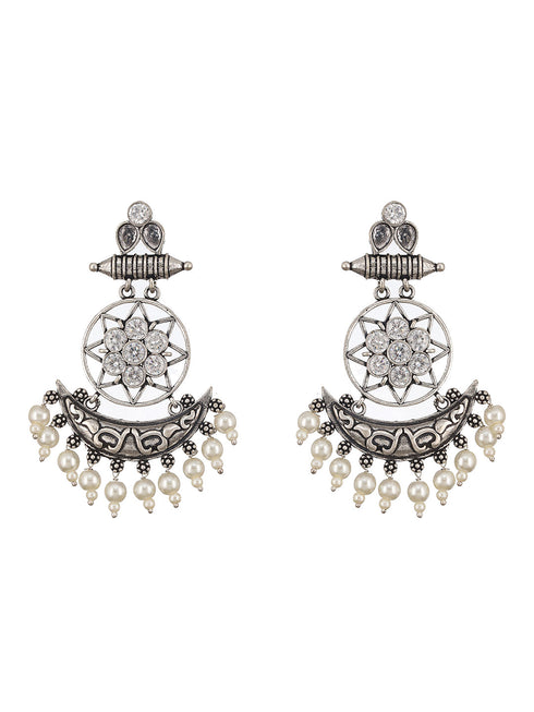 Oxidised Silver Toned AD Stone Studded Minimal Chandbali Chandelier Earrings