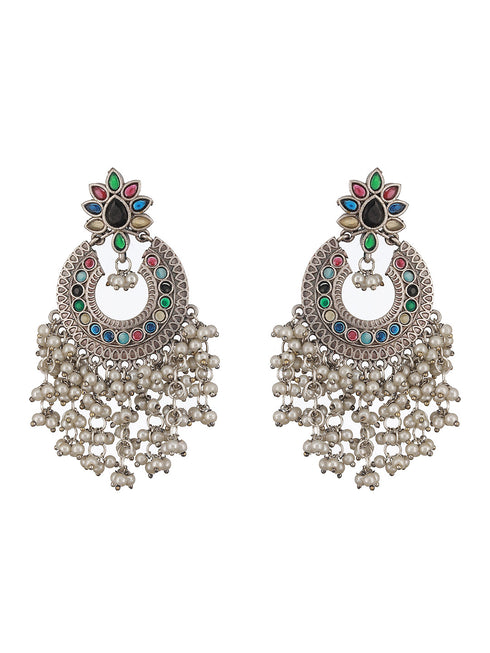 Oxidised Silver Plated Nav Ratan Stoned & Pearl Beaded Chanbali Chandelier Earrings