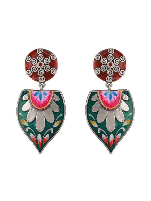 Oxidised Silver Toned Red & Green Handpainted Chandelier Minimal Earring