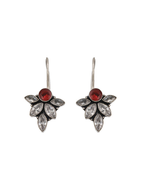 Oxidised Silver Toned Red Garnet Minimal Officewear Fish Hook Earrings