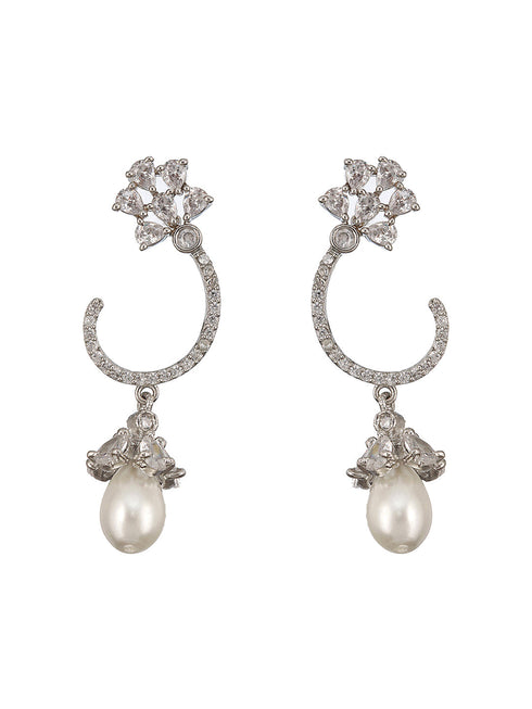 Rhodium Plated Pearl Beaded AD studed Earrings
