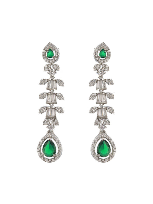 Rhodium Green Emerald Bagatte Zircon Studded Occasionwear Pendant Jewellery Set