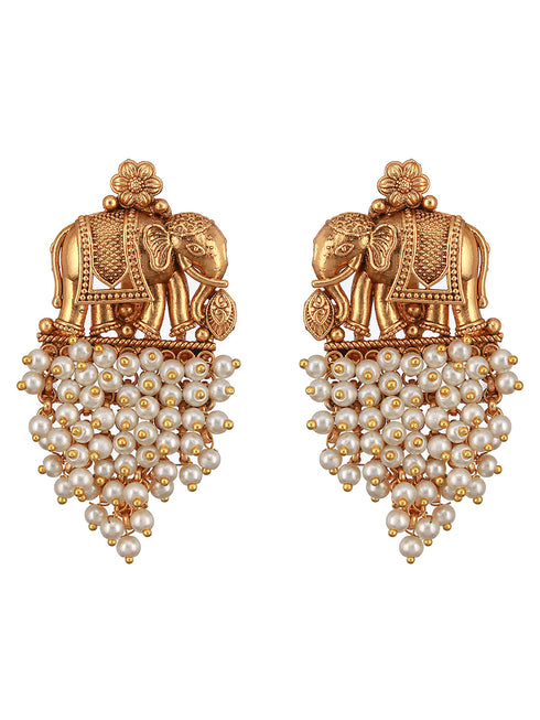 Gold Plated Elephant Motif Pearl Beaded Designer Earrings Necklace Jewellery Set