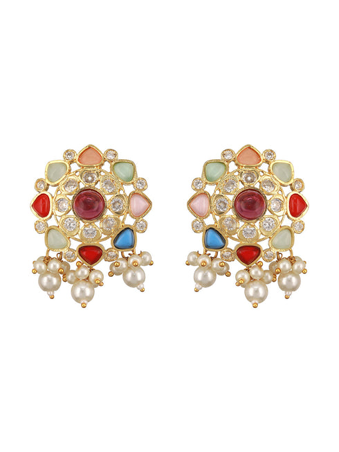 Nav Ratan Kundan Studded Pearl Beaded Haram Layered Royal Jewellery Set