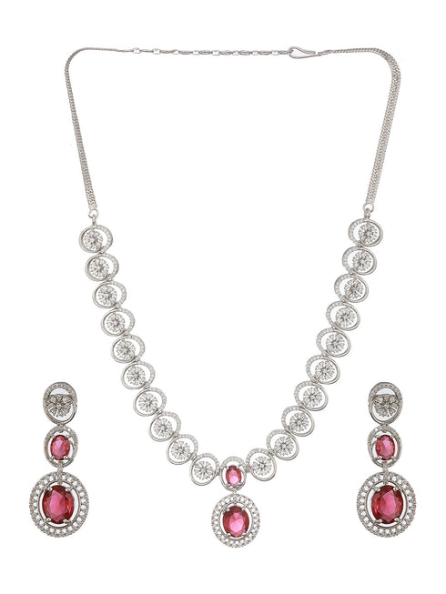 Rhodium Red Ruby Zircon Studded Delicate Contemporary Necklace Jewellery Set