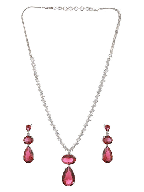 Rhodium Red Ruby Luxe Designer Contemporary Pendant Jewellery Set