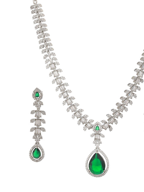 Rhodium Green Emerald Bagatte Zircon Studded Occasionwear Pendant Jewellery Set