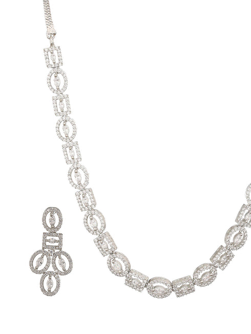 Rhodium Cubic Zircon Studded Contemporary Minimal Necklace Jewellery Set