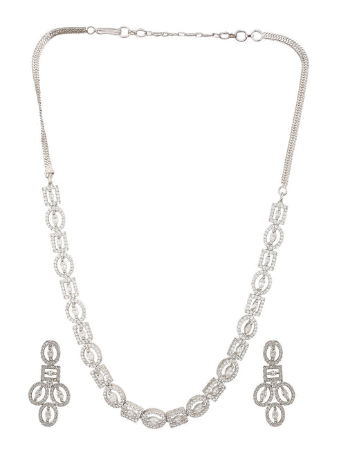 Rhodium Cubic Zircon Studded Contemporary Minimal Necklace Jewellery Set