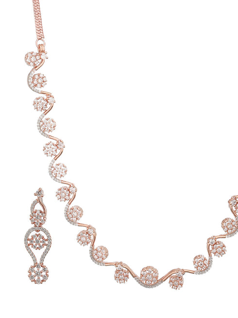 Rose Gold Plated AD Studded Floral Minimal Necklace Jewellery Set
