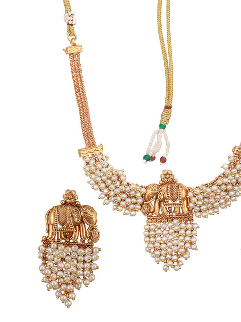 Gold Plated Elephant Motif Pearl Beaded Designer Earrings Necklace Jewellery Set