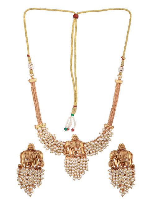 Gold Plated Elephant Motif Pearl Beaded Designer Earrings Necklace Jewellery Set
