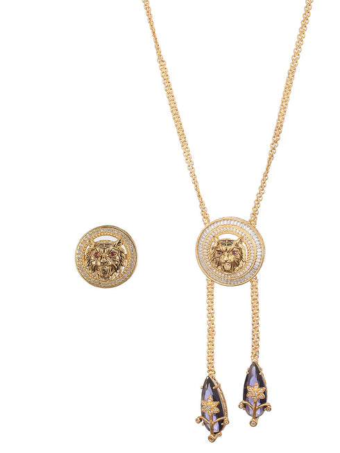 Gold Plated Amethyst AD Studded Lion Motif Designer Chain & Necklace Jewellery Set