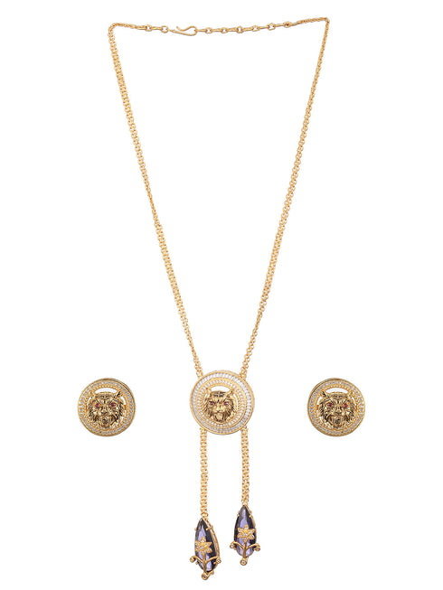Gold Plated Amethyst AD Studded Lion Motif Designer Chain & Necklace Jewellery Set