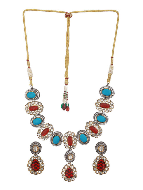 Victorian Polish Maroon & Turquoise Kundan Studded Floral Necklace Jewellery Set