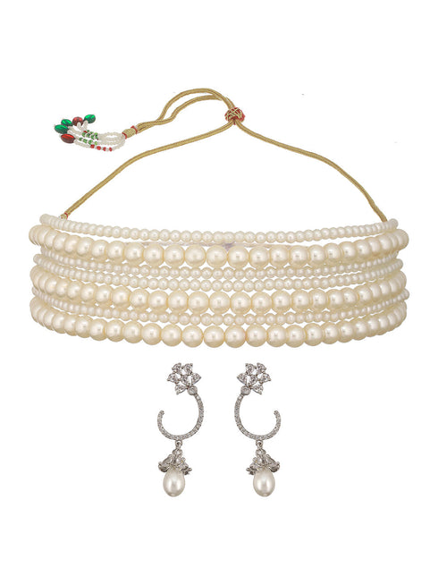 Pearl Beaded 7 Layered Minimal Luxe Choker with AD Earrings Jewellery Set