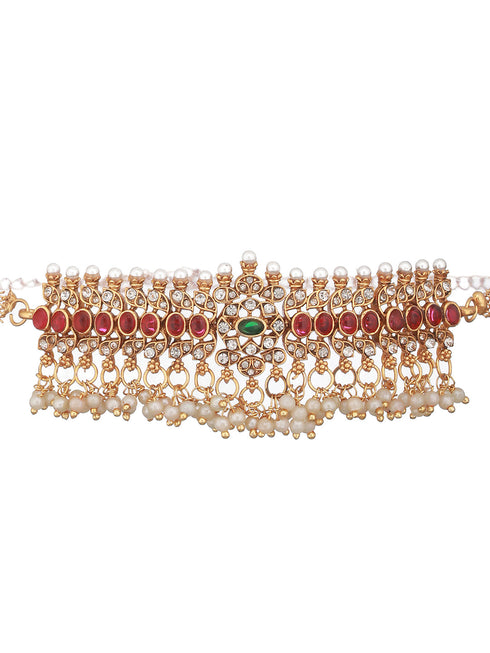 Gold Plated Jadau Studded Pearl Beaded Multicoloured Delicate Chain Choker Jewellery Set