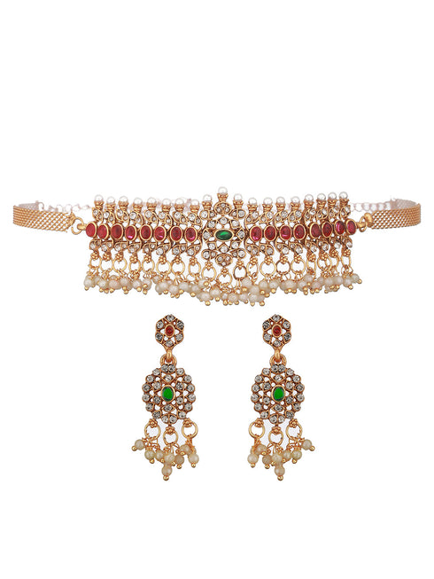 Gold Plated Jadau Studded Pearl Beaded Multicoloured Delicate Chain Choker Jewellery Set